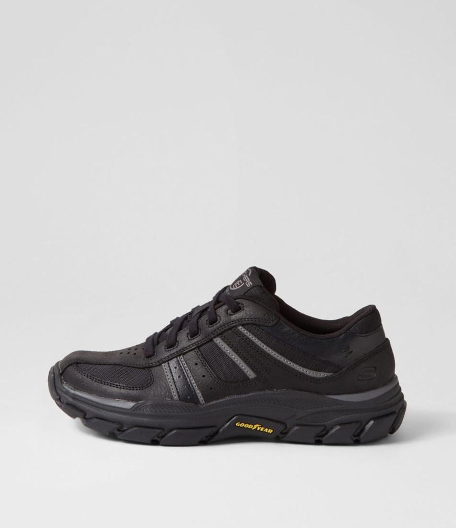 Men SKECHERS  | Respected Black Leather Lace Up Flats